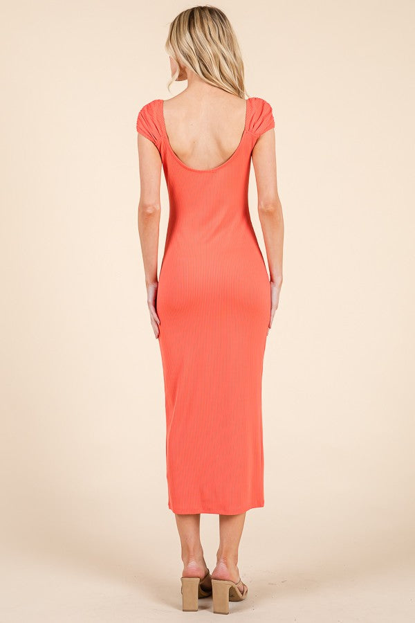 Coral Ribbed Cinched Sleeve Midi Dress