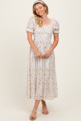 Yellow Floral Printed Puff Sleeve Midi Dress