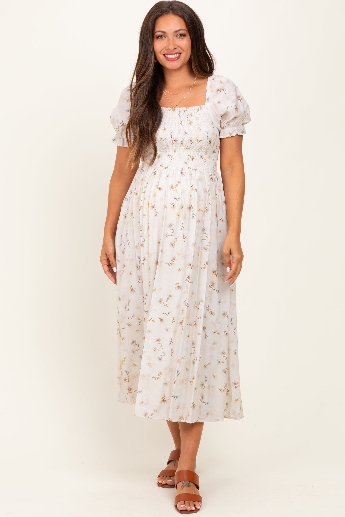 Yellow Floral Printed Puff Sleeve Maternity Midi Dress