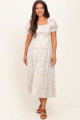 Yellow Floral Printed Puff Sleeve Maternity Midi Dress