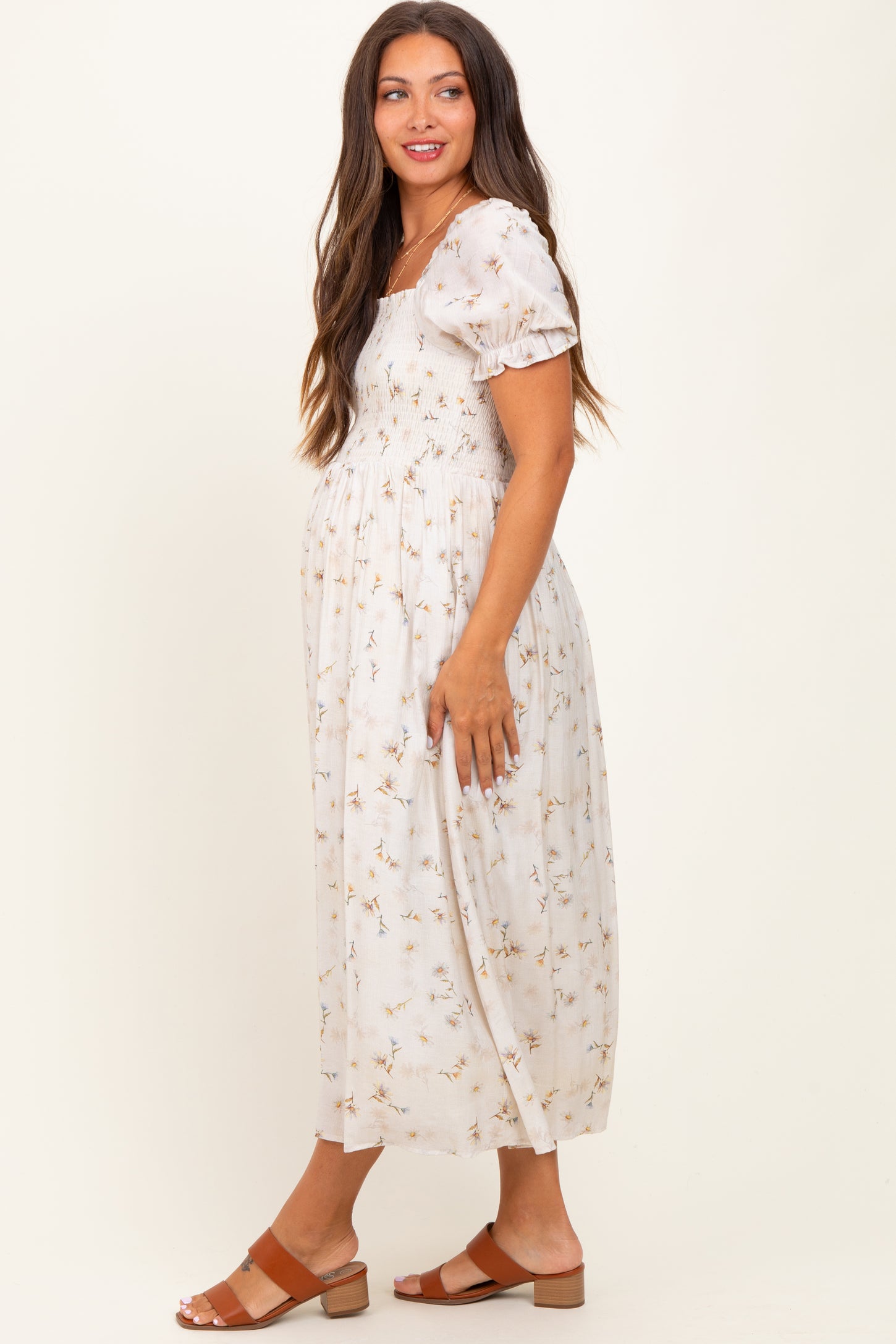 Yellow Floral Printed Puff Sleeve Maternity Midi Dress