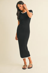 Black/White Short Sleeve Sweater Knit Rib Midi Dress