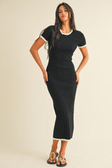Black/White Short Sleeve Sweater Knit Rib Midi Dress