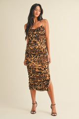 Brown Leopard Criss Cross Back Strap Ruched Midi Dress