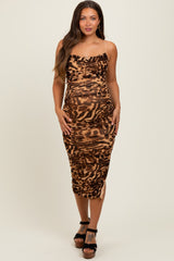 Brown Leopard Criss Cross Back Strap Ruched Maternity Midi Dress