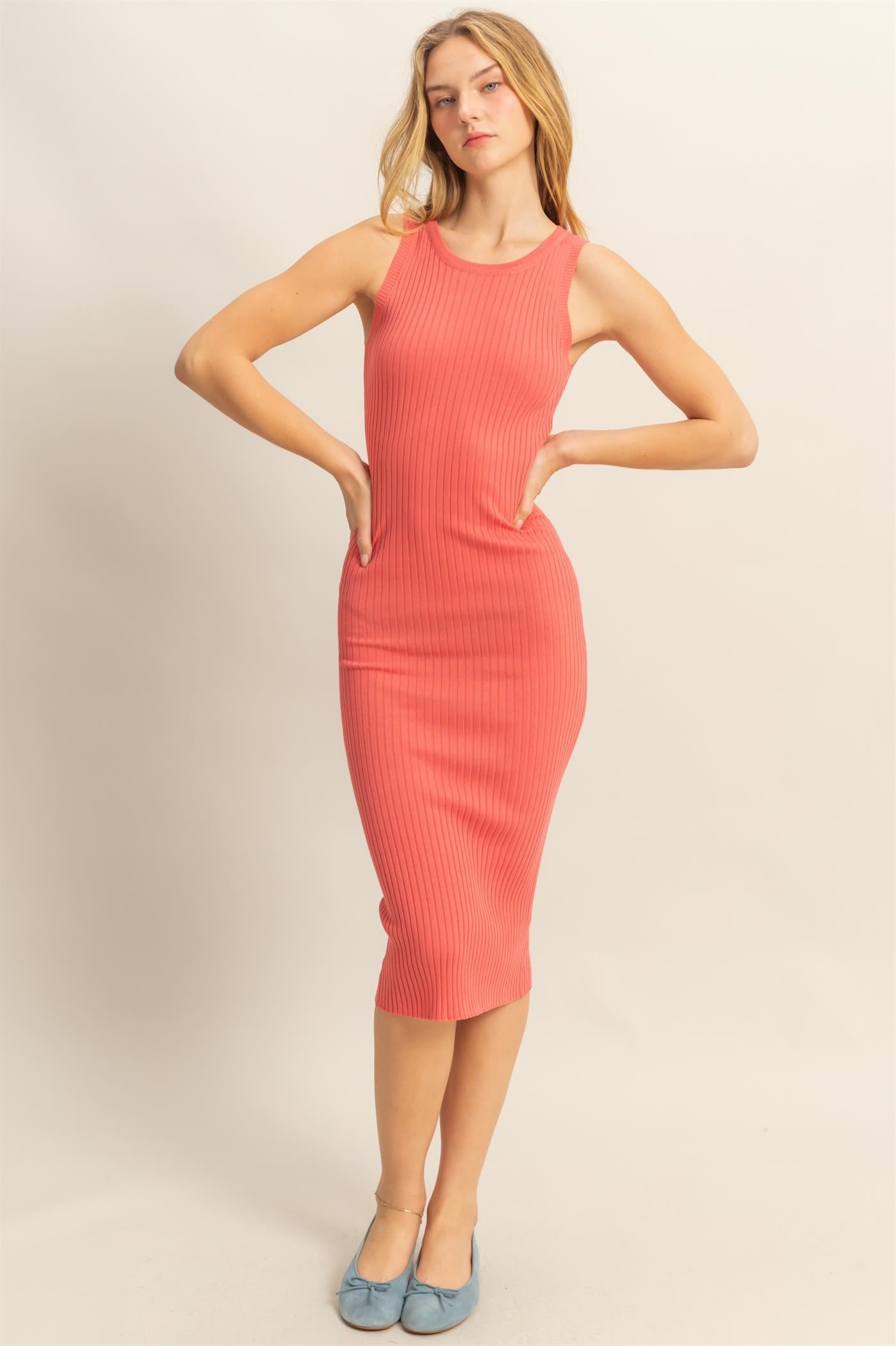 Coral Ribbed Sleeveless Maternity Midi Dress