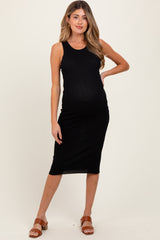 Black Ribbed Sleeveless Maternity Midi Dress