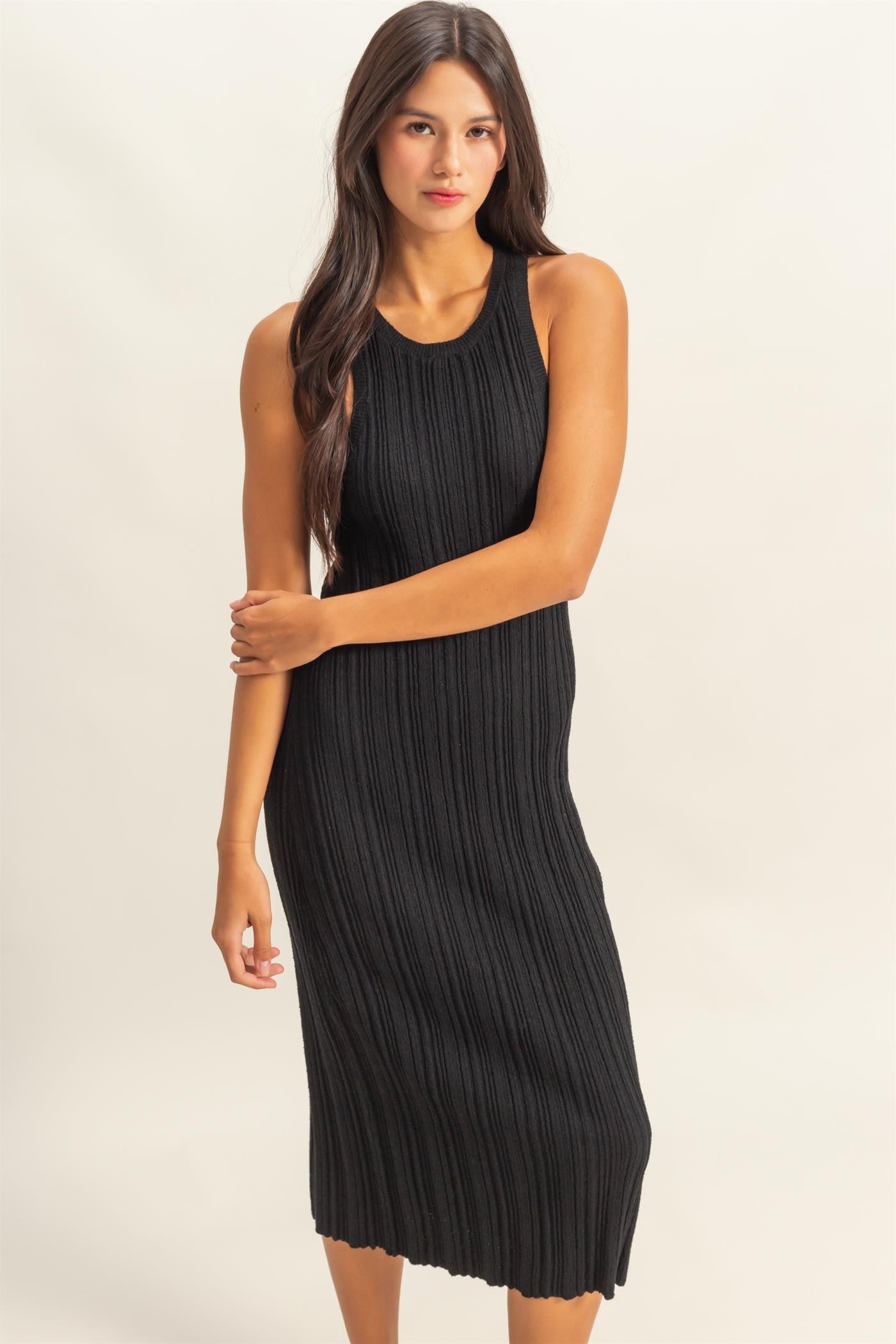 Black Round Neck Bodycon Ribbed Knit Midi Dress