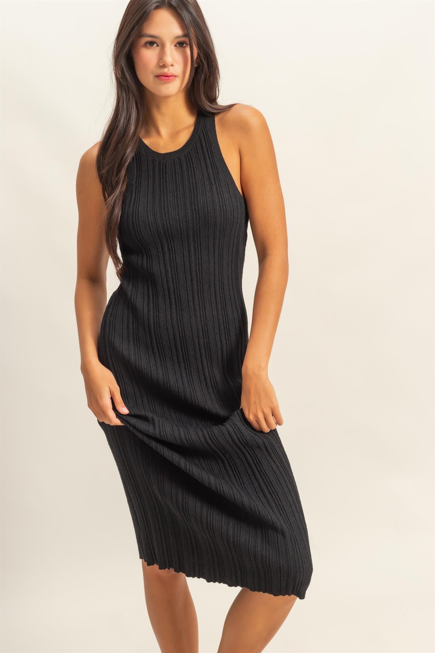 Black Round Neck Bodycon Ribbed Knit Midi Dress