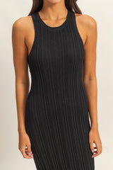 Black Round Neck Bodycon Ribbed Knit Midi Dress