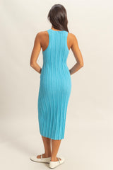 Blue Round Neck Bodycon Ribbed Knit Midi Dress
