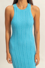Blue Round Neck Bodycon Ribbed Knit Midi Dress
