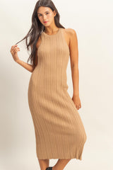 Taupe Round Neck Bodycon Ribbed Knit Midi Dress