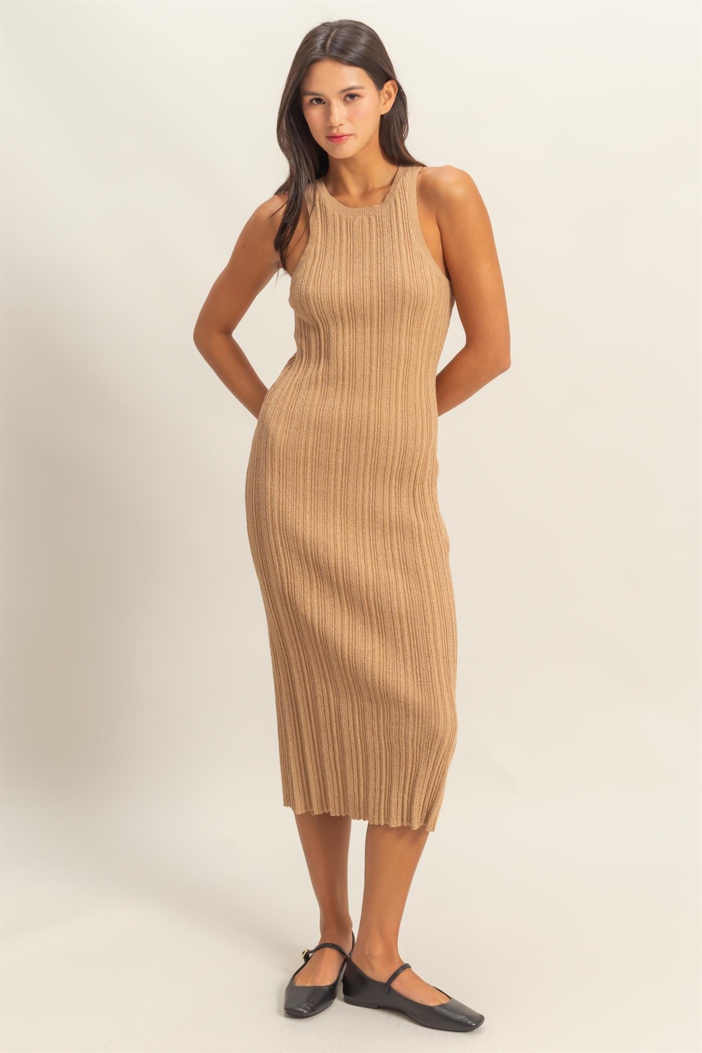 Taupe Round Neck Bodycon Ribbed Knit Midi Dress