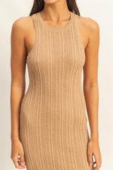 Taupe Round Neck Bodycon Ribbed Knit Midi Dress