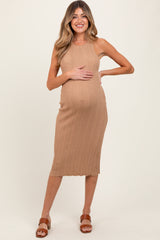 Taupe Round Neck Bodycon Ribbed Knit Maternity Midi Dress