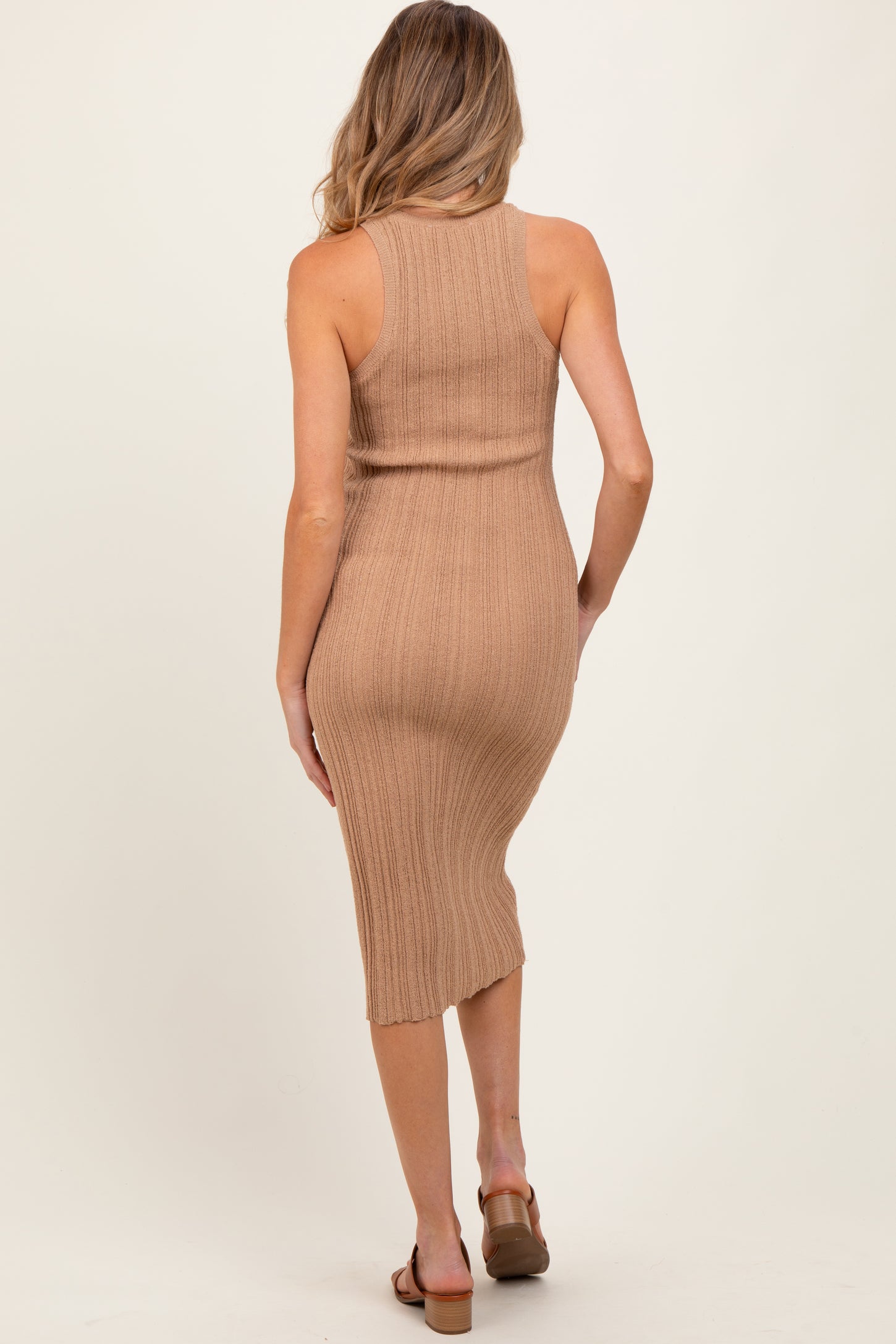 Taupe Round Neck Bodycon Ribbed Knit Maternity Midi Dress Taupe Round Neck Bodycon Ribbed Knit Maternity Midi Dress