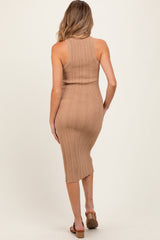 Taupe Round Neck Bodycon Ribbed Knit Maternity Midi Dress