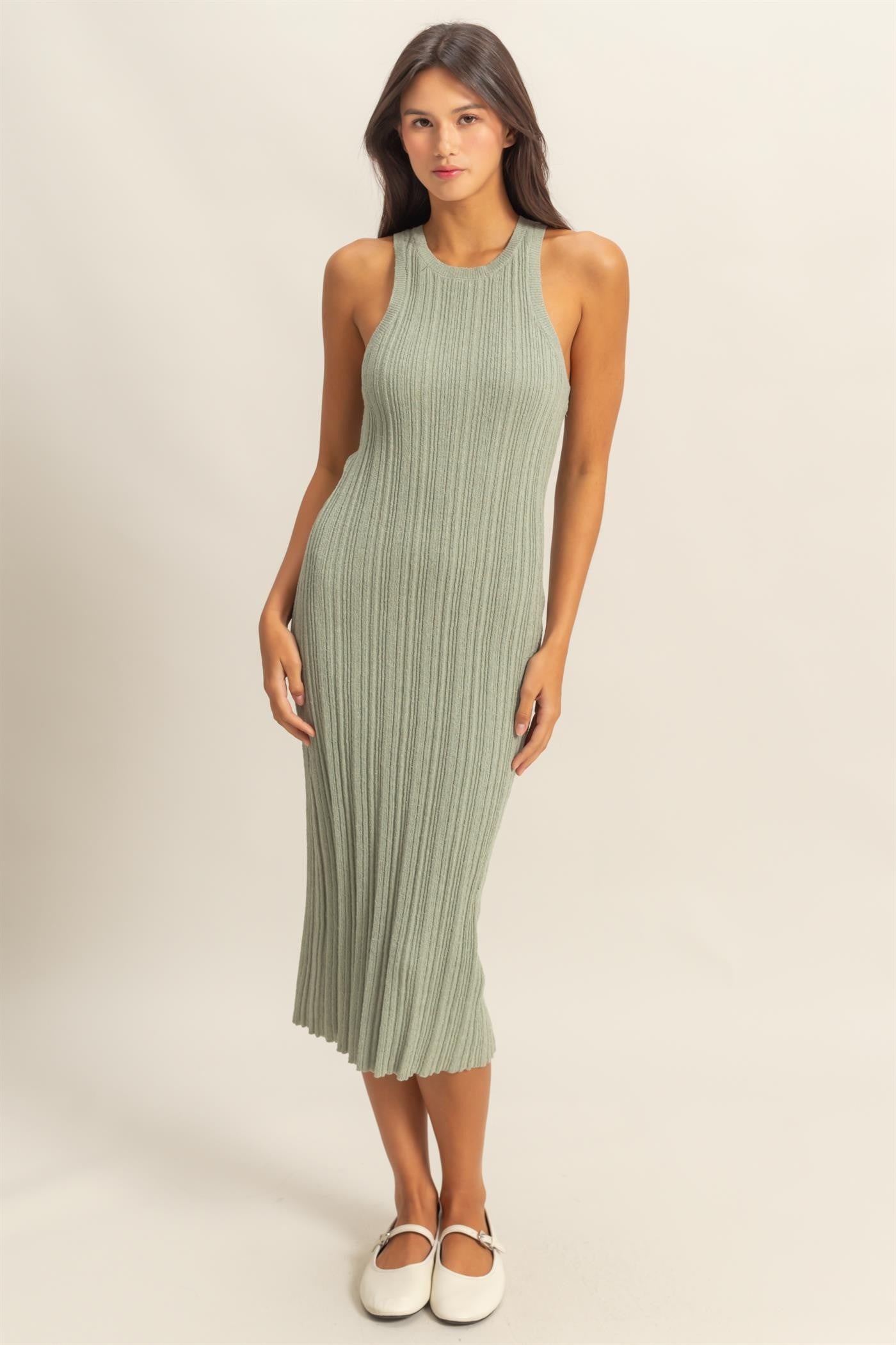Sage Round Neck Bodycon Ribbed Knit Midi Dress Sage Round Neck Bodycon Ribbed Knit Midi Dress