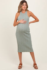 Sage Round Neck Bodycon Ribbed Knit Maternity Midi Dress