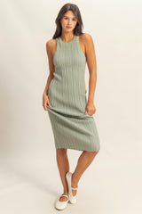 Sage Round Neck Bodycon Ribbed Knit Midi Dress