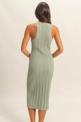 Sage Round Neck Bodycon Ribbed Knit Midi Dress