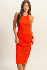 Orange Round Neck Bodycon Ribbed Knit Midi Dress