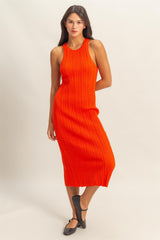 Orange Round Neck Bodycon Ribbed Knit Midi Dress