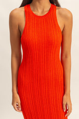 Orange Round Neck Bodycon Ribbed Knit Midi Dress