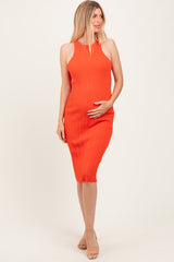 Orange Round Neck Bodycon Ribbed Knit Maternity Midi Dress