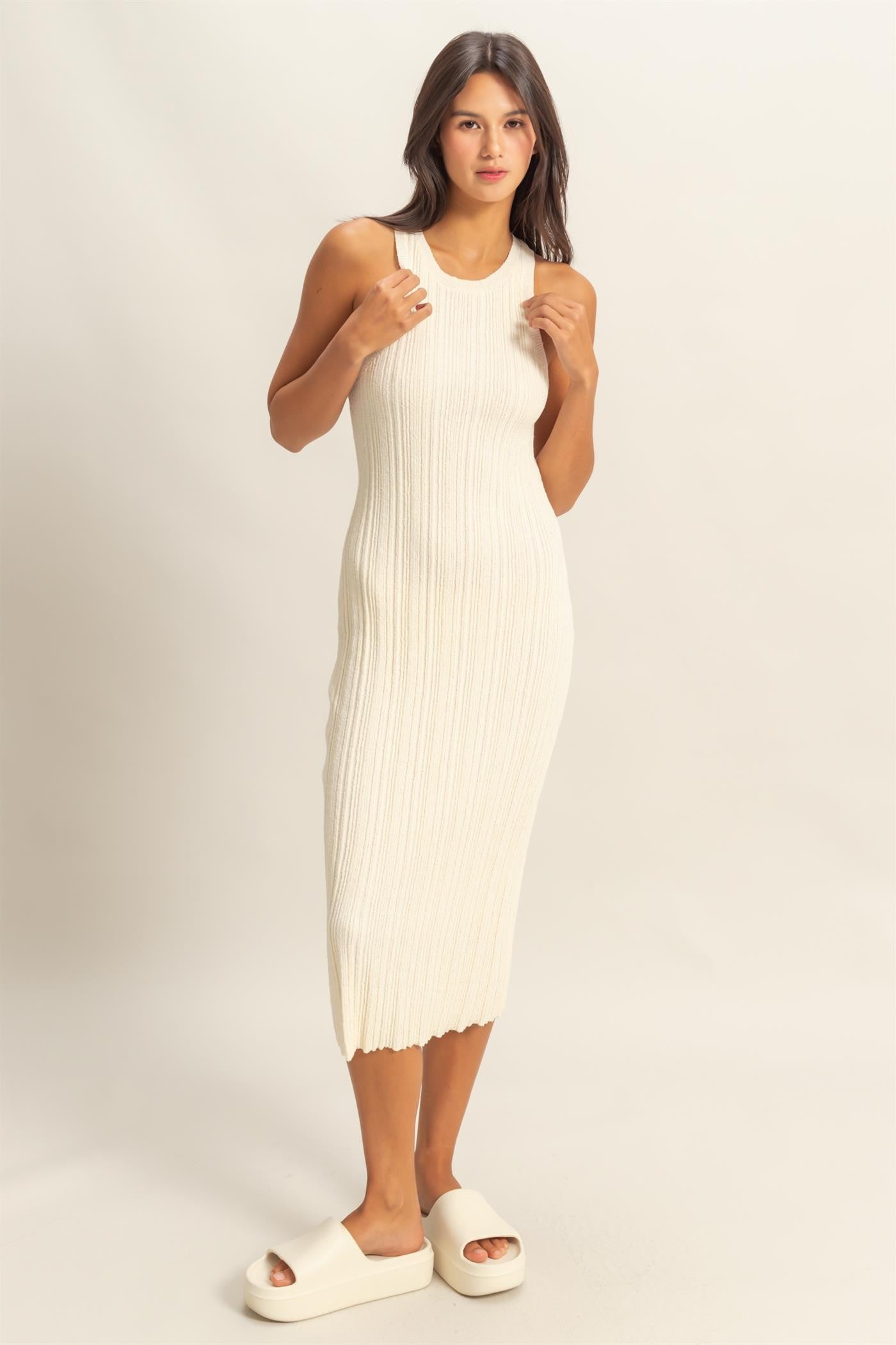 Ivory Round Neck Bodycon Ribbed Knit Maternity Midi Dress