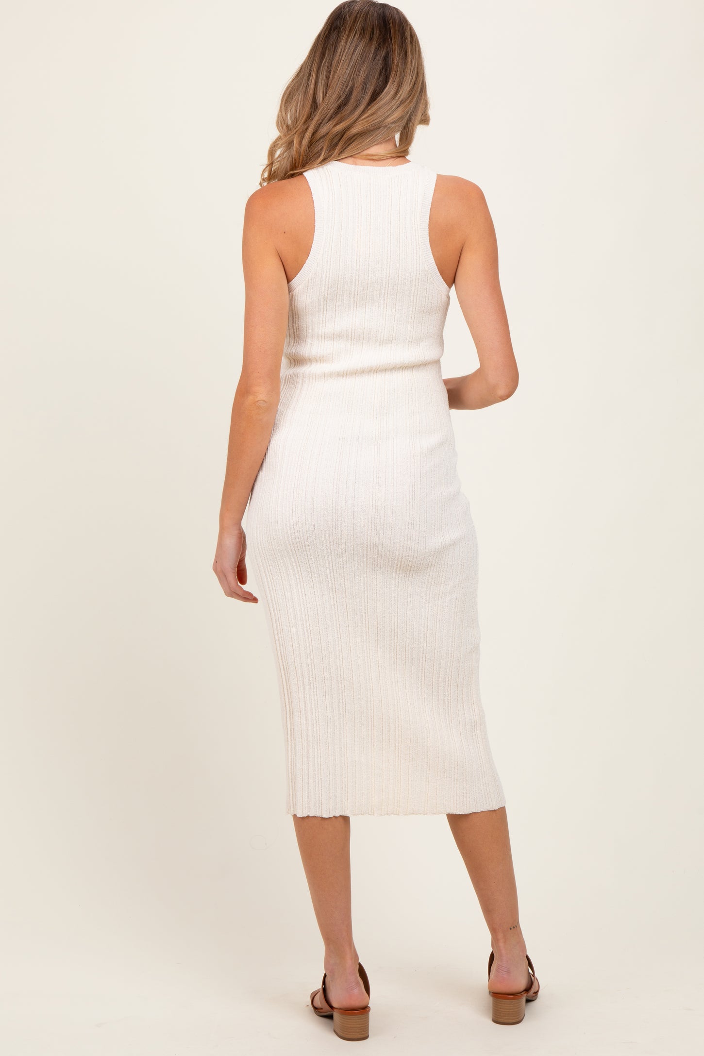 Ivory Round Neck Bodycon Ribbed Knit Maternity Midi Dress Ivory Round Neck Bodycon Ribbed Knit Maternity Midi Dress