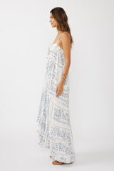 Light Blue Hi-Lo Spaghetti Strap Patchwork Ruffle Maxi Dress