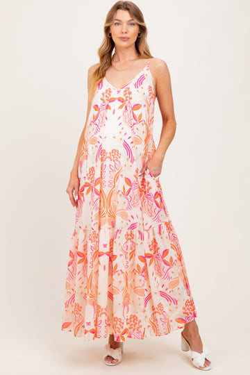 Orange Floral Tie Back Maternity Maxi Dress