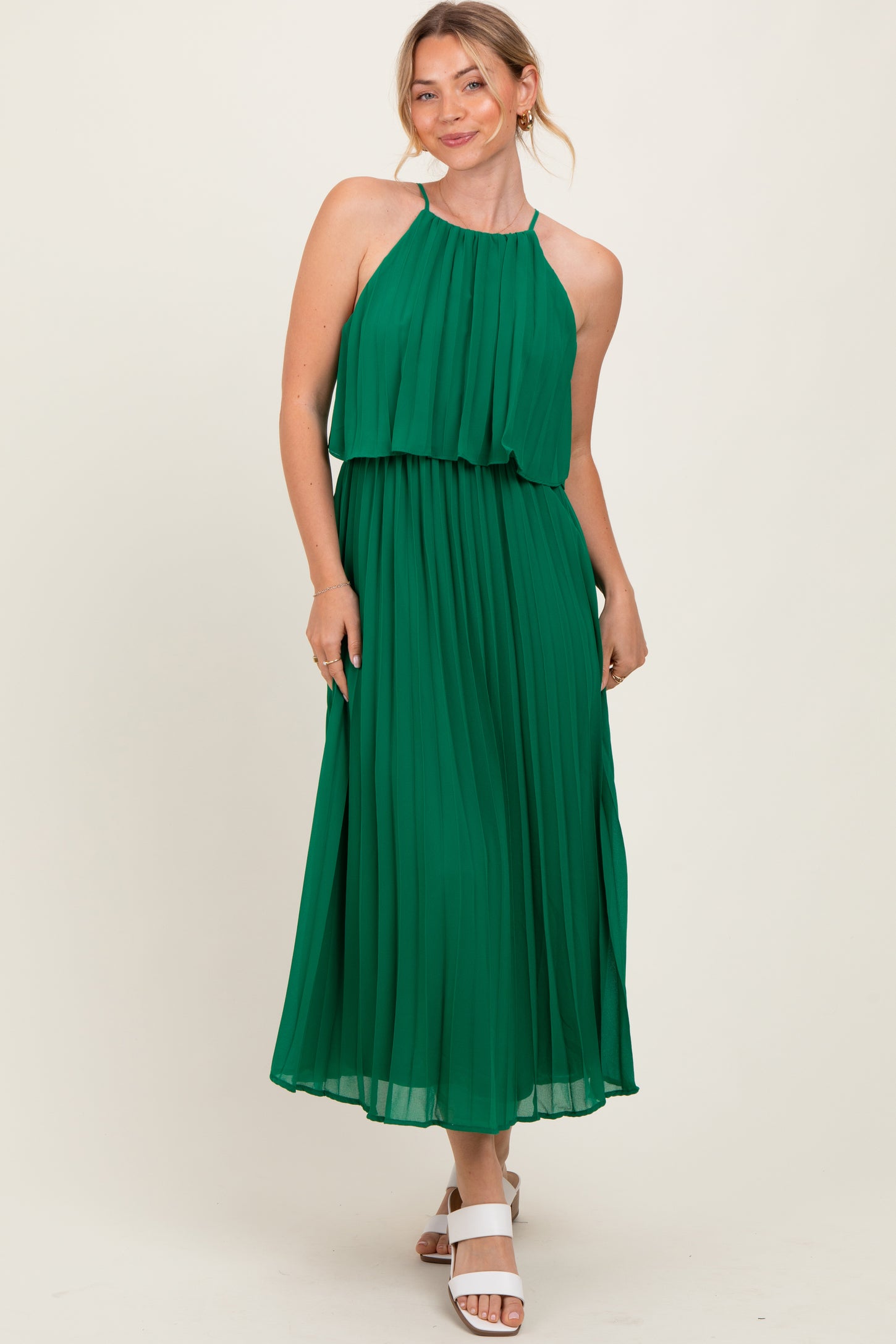 Green Pleated Woven Midi Dress