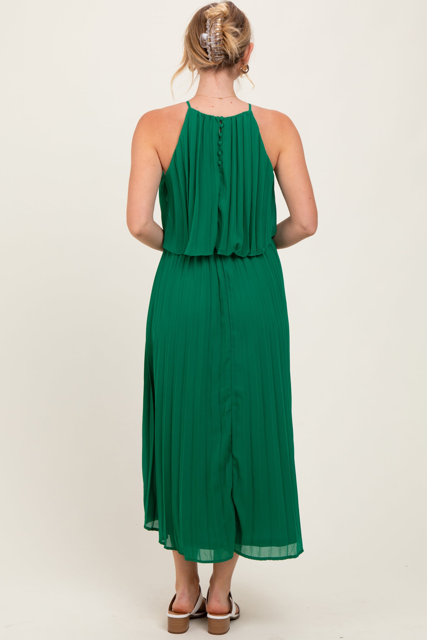Green Pleated Woven Midi Dress Green Pleated Woven Midi Dress