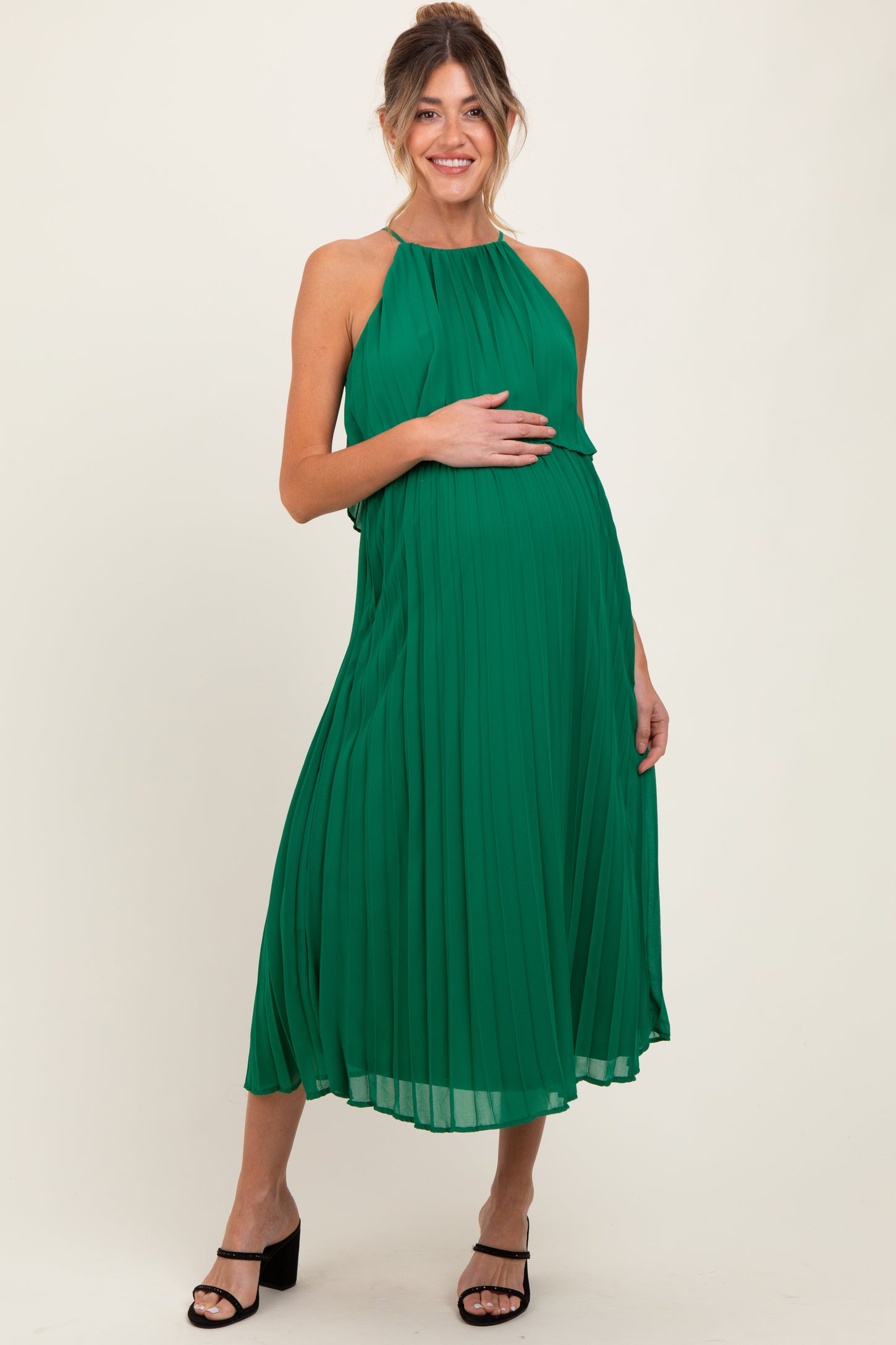 Green Pleated Woven Maternity Midi Dress – PinkBlush