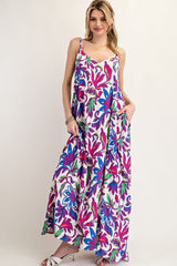 Purple Leaf Print Sleeveless Maternity Maxi Dress