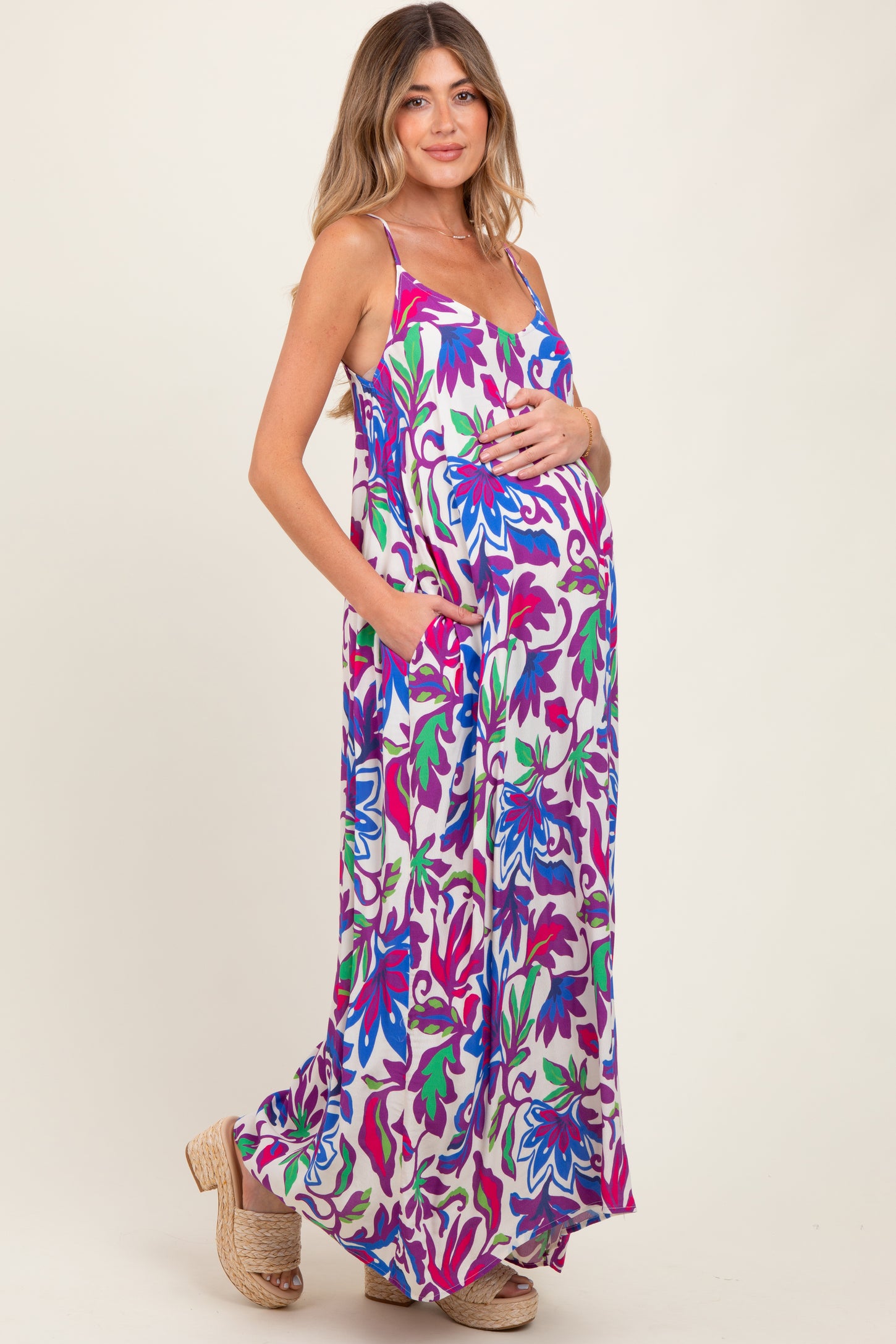 Purple Leaf Print Sleeveless Maternity Maxi Dress