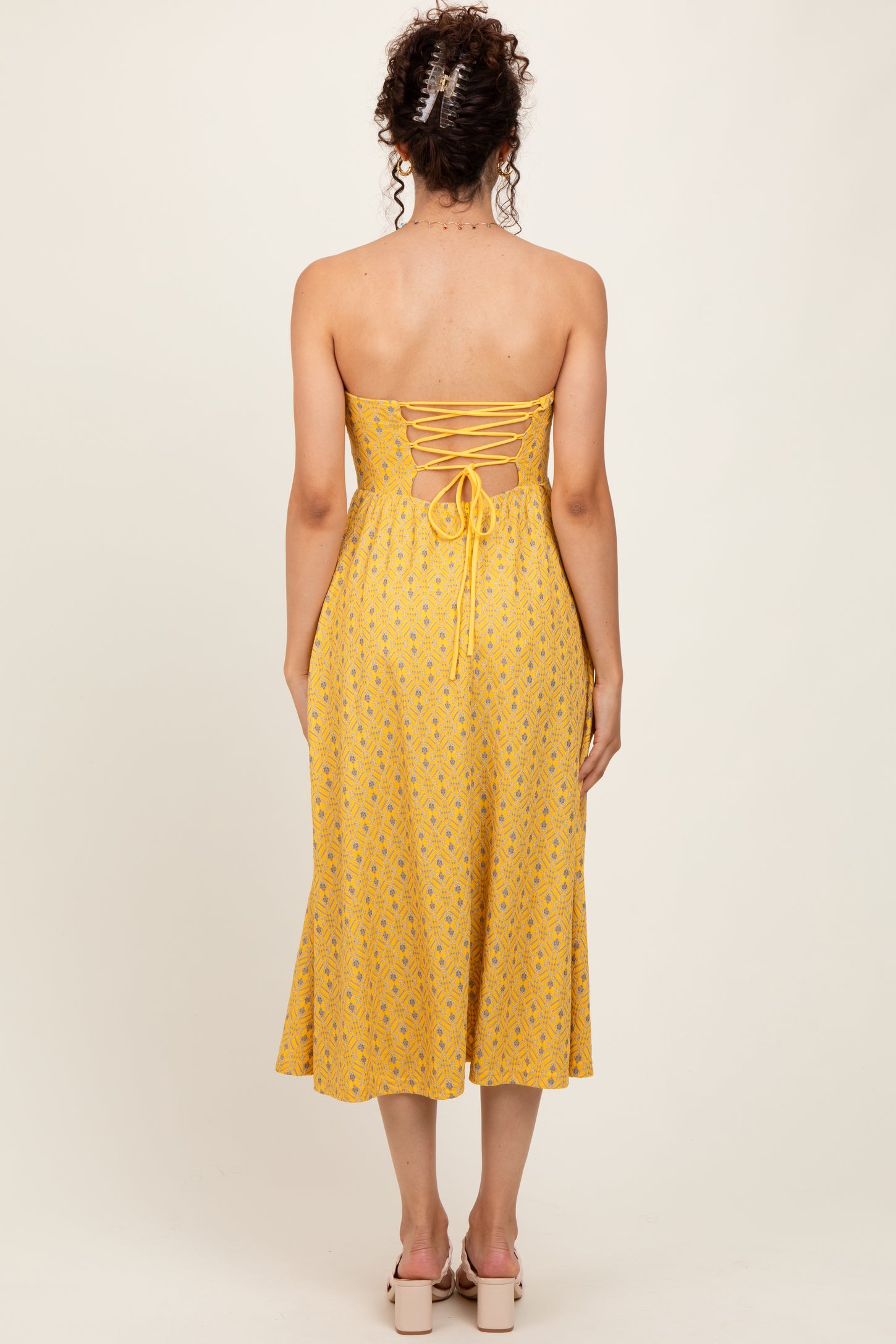 Yellow Lace Strapless Lace Up Back Midi Dress Yellow Lace Strapless Lace Up Back Midi Dress
