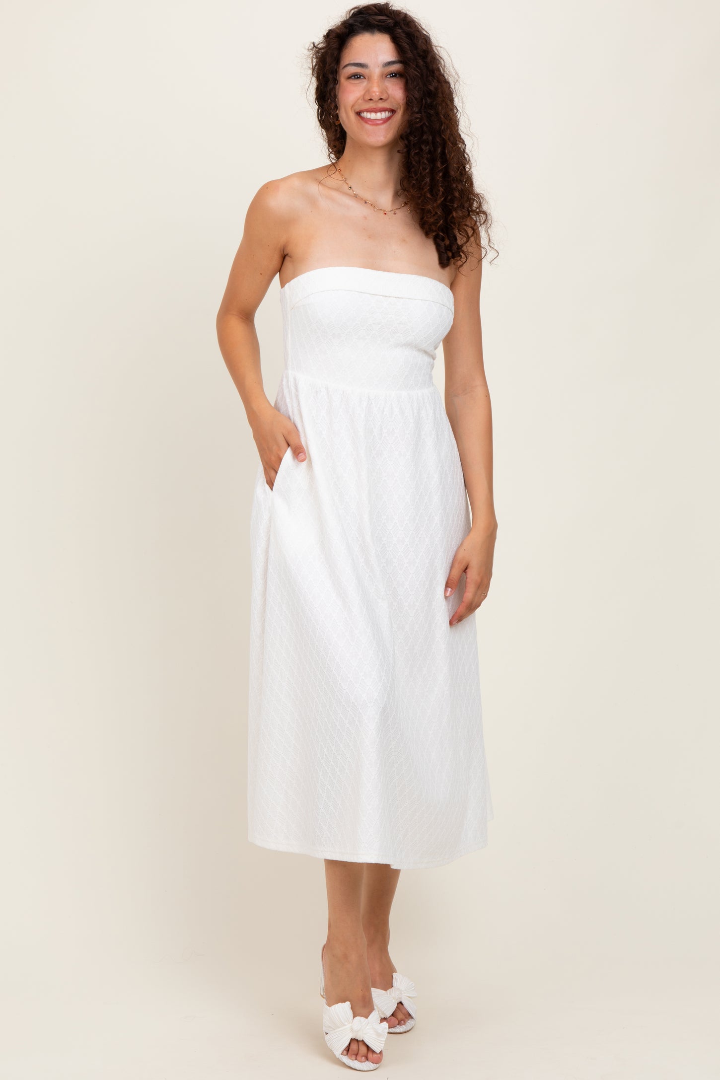 Ivory Lace Strapless Lace Up Back Midi Dress