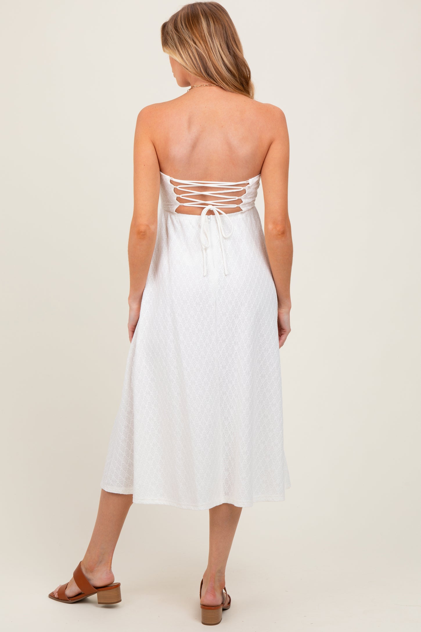 Ivory Lace Strapless Lace Up Back Maternity Midi Dress Ivory Lace Strapless Lace Up Back Maternity Midi Dress
