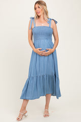 Blue Chambray Smocked Shoulder Tie Maternity Maxi Dress