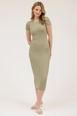 Light Olive Short Sleeve Rib Knit Midi Dress
