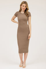 Mocha Short Sleeve Rib Knit Midi Dress