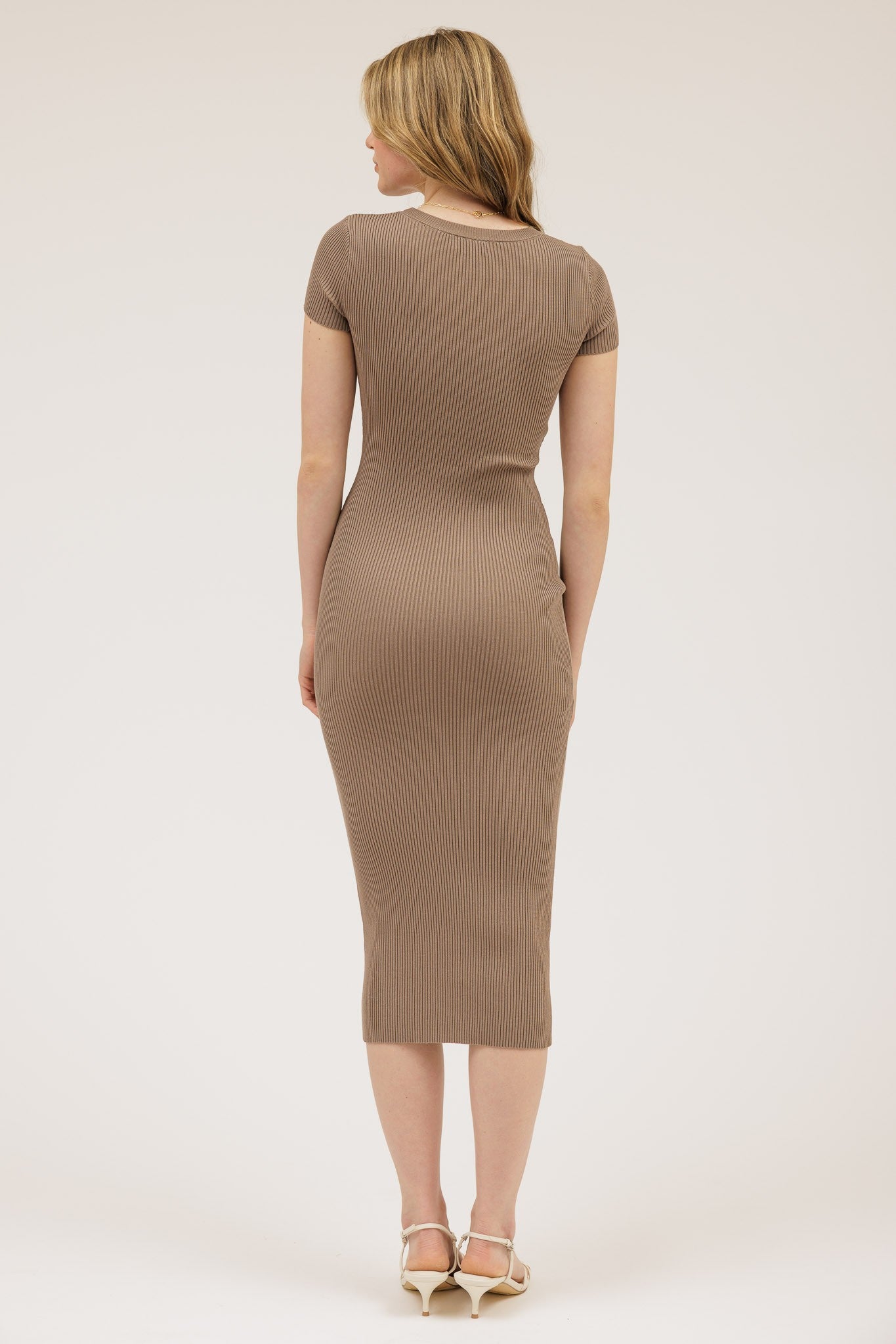 Mocha Short Sleeve Rib Knit Midi Dress