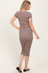 Mocha Short Sleeve Rib Knit Maternity Midi Dress
