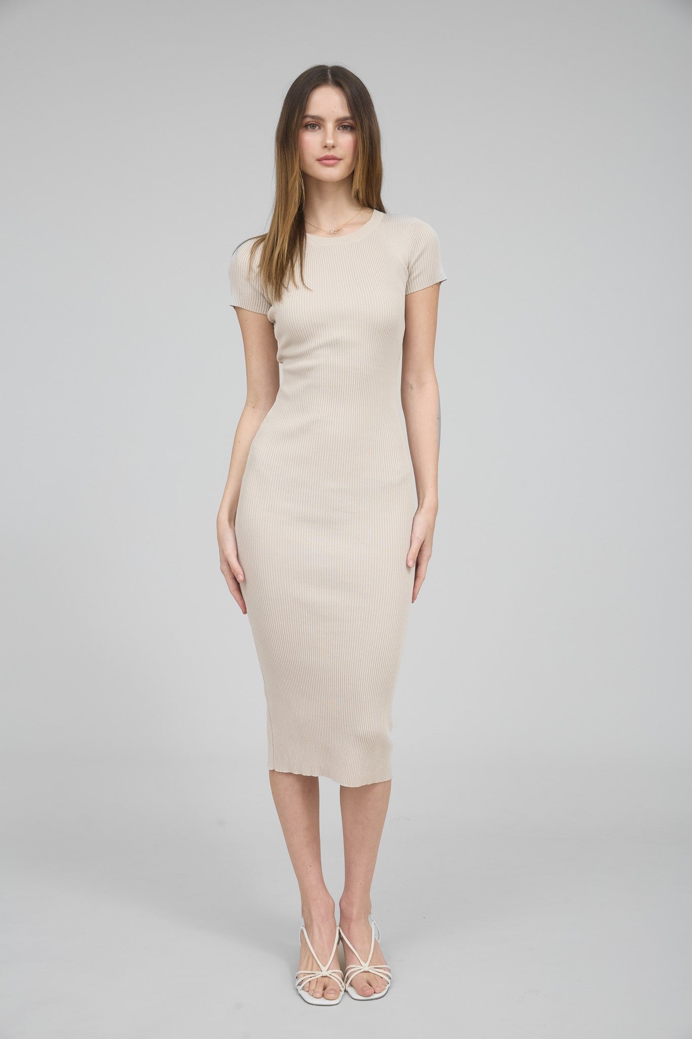 knee length dresses for ladies Cream Short Sleeve Rib Knit Midi Dress – PinkBlush