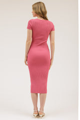Pink Short Sleeve Rib Knit Midi Dress