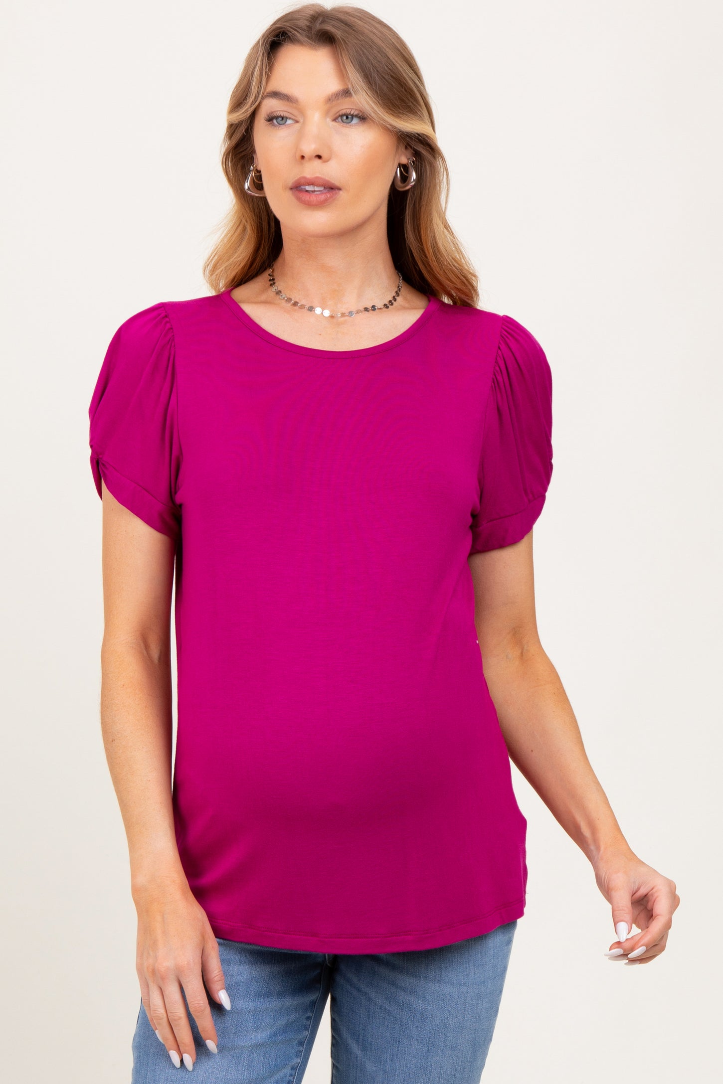 Magenta Twisted Short Sleeve Maternity Top